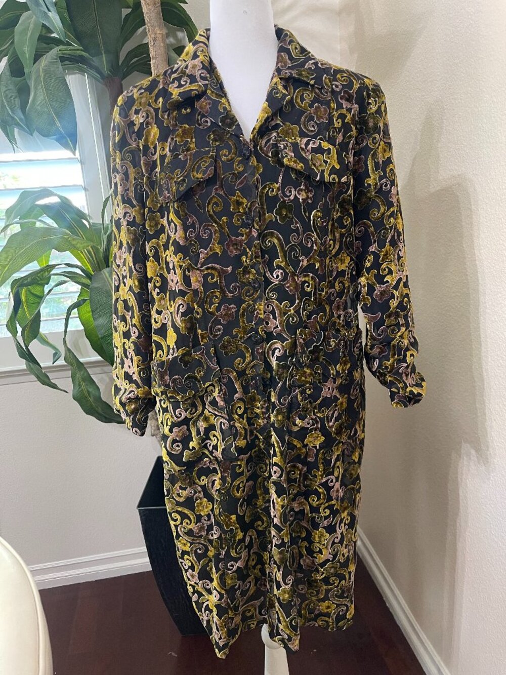 1970s Burnout Velvet Floral Coat Dress Boho Art Nouveau Whimsigoth